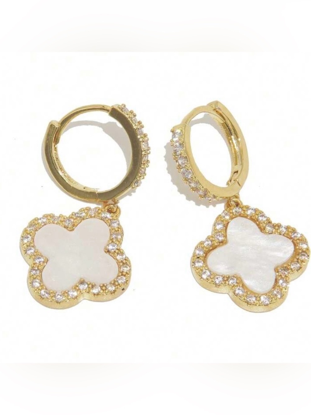 Macy's Gold and White Mother-of-Pearl Clover Drop Hoop Earrings